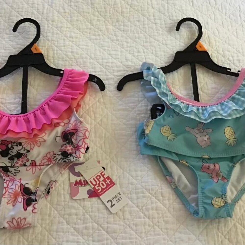 NWT Minnie Mouse Pink Swimsuit Girls 2-Piece + 2-Piece Care Bears Suit 4T - New